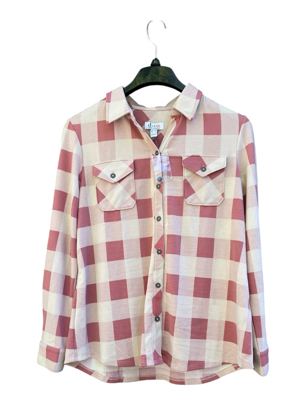 NWOT Denim & Co Pink and Cream Buffalo Plaid Button-Down Shirt Soft Oversized